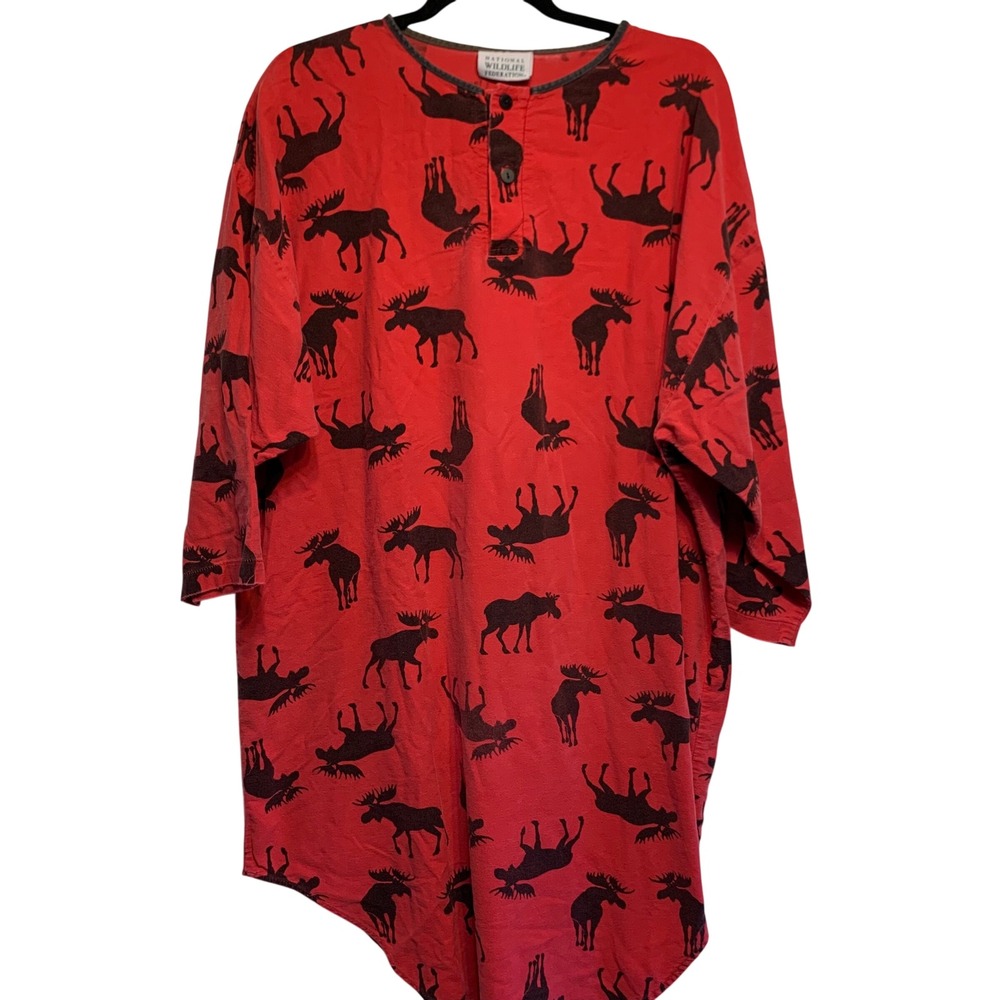 National Wildlife Federation Nightshirt One Size Red Moose Print Henley Pajamas